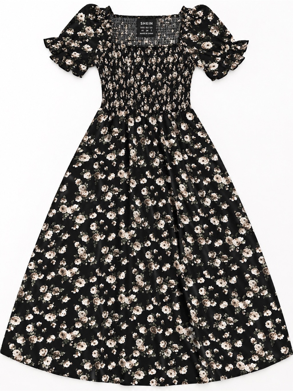 SHEIN Black Floral Smocked Puff Sleeve Midi Dress with Cream Flowers